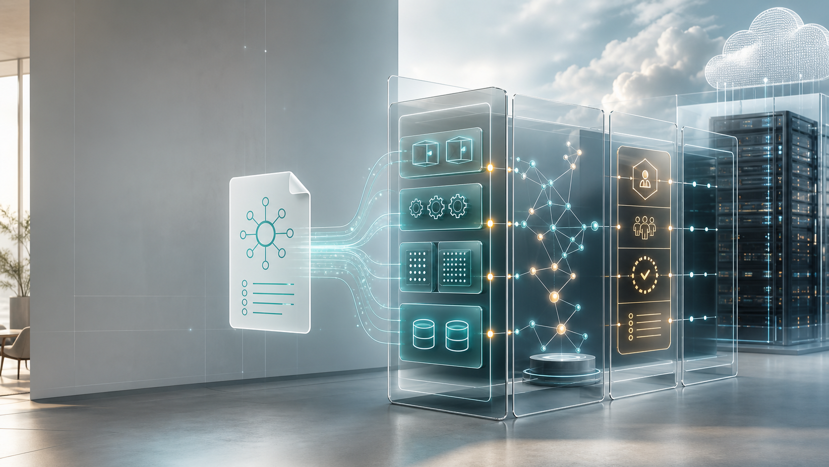 Valkyr spec-to-secure-running-stack architecture connecting a business schema to generated application layers, governed memory, security, and deployable infrastructure
