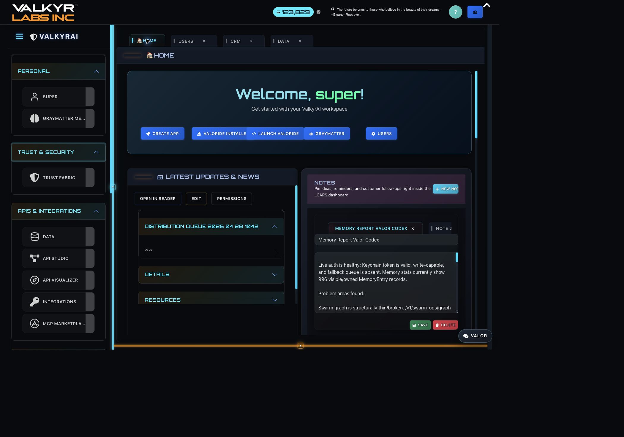 Authenticated LCARS dashboard home workspace